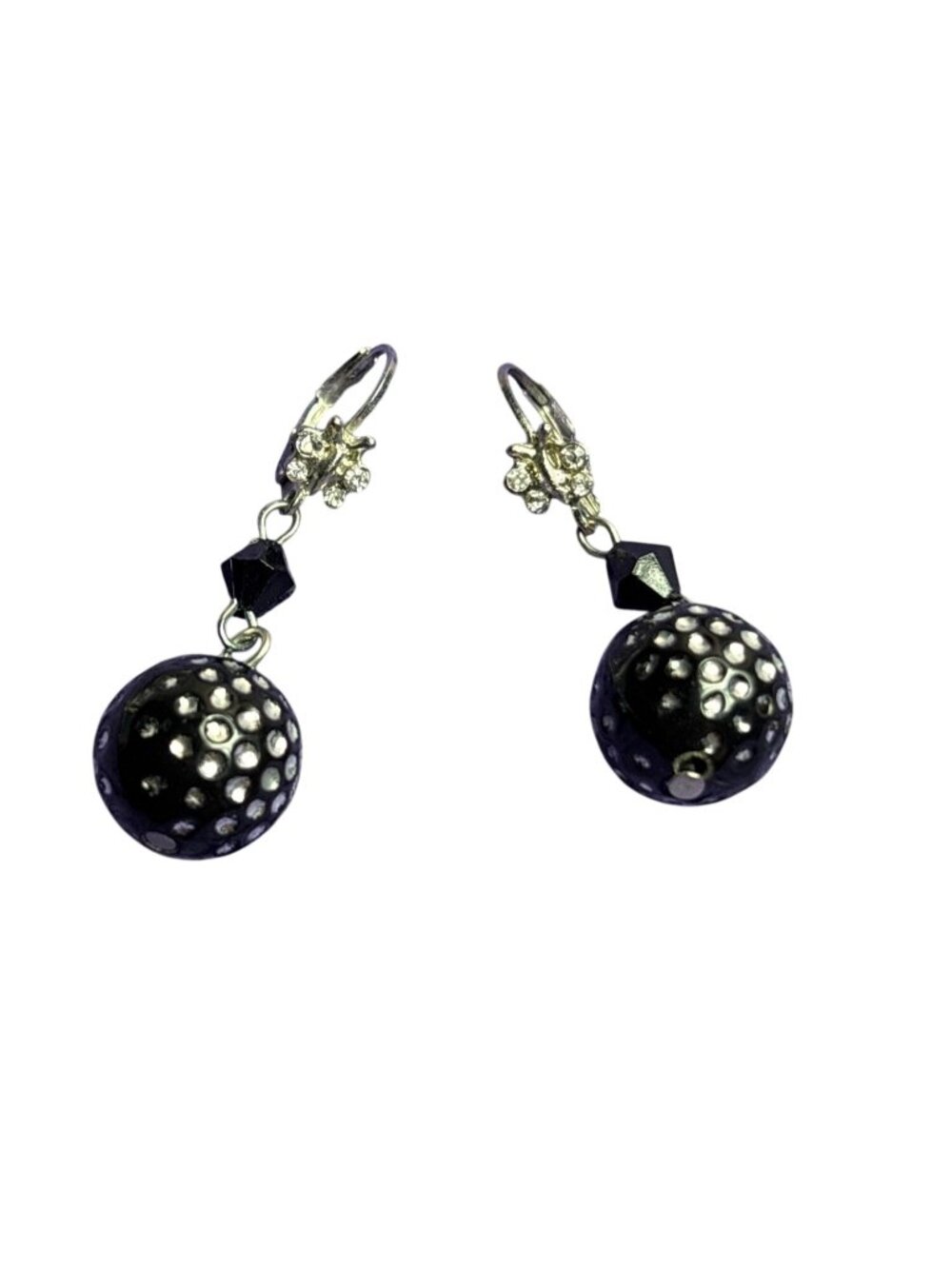 Vintage Y2k Leverback Bead Dangle Earrings Silvertone Black Rhinestone Butterfly